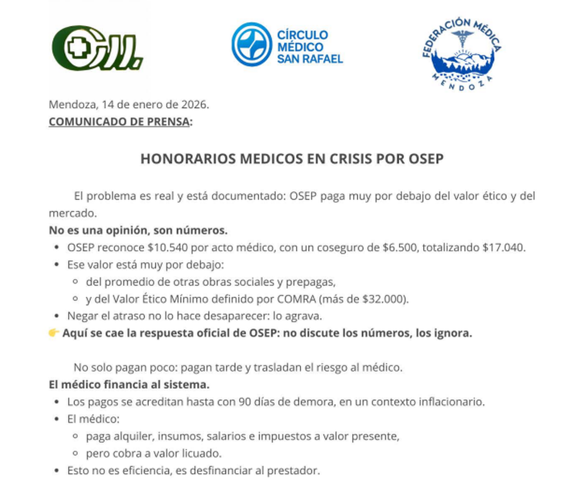 Representantes de médicos de Mendoza encrudecieron las críticas a la OSEP. Representantes de médicos de Mendoza encrudecieron las críticas a la OSEP.