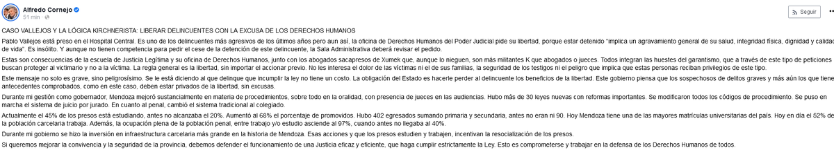 El posteo de Alfredo Cornejo.