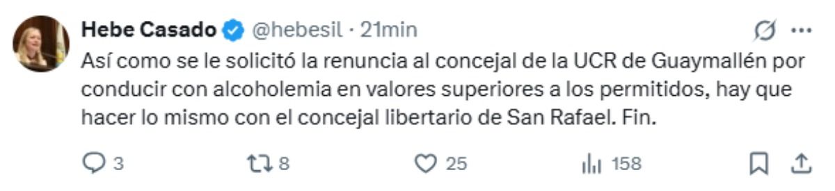 El posteo de Hebe Casado en su perfil de X. El posteo de Hebe Casado en su perfil de X.