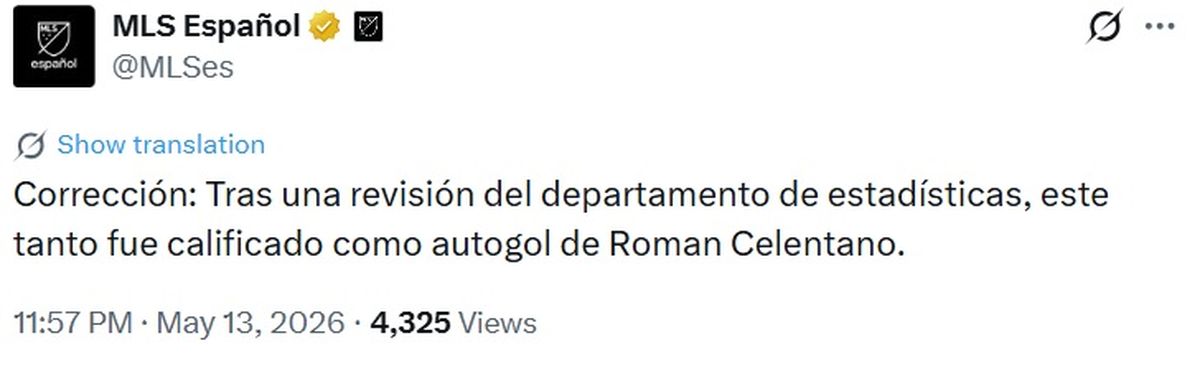 La MLS informó que el gol no fue de Lionel Messi. La MLS informó que el gol no fue de Lionel Messi.