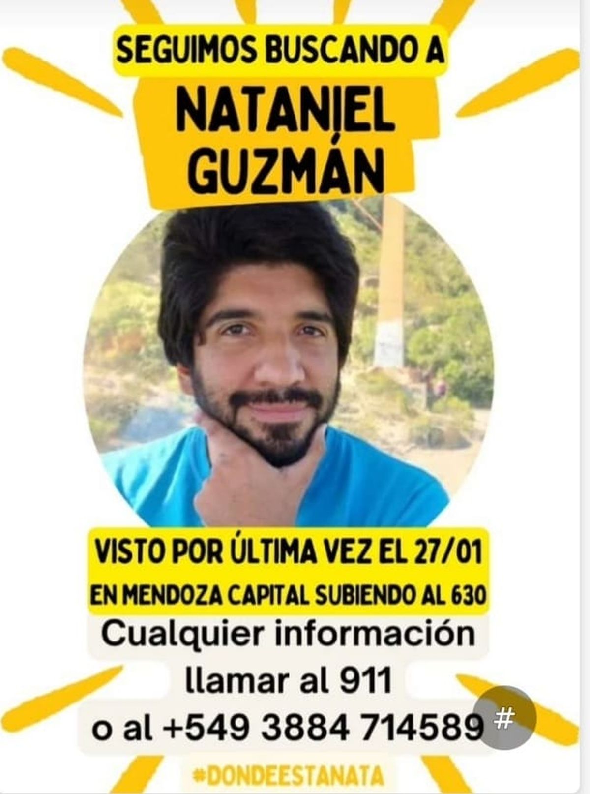 El mensaje de búsqueda de Nataniel que se ve en redes sociales.
