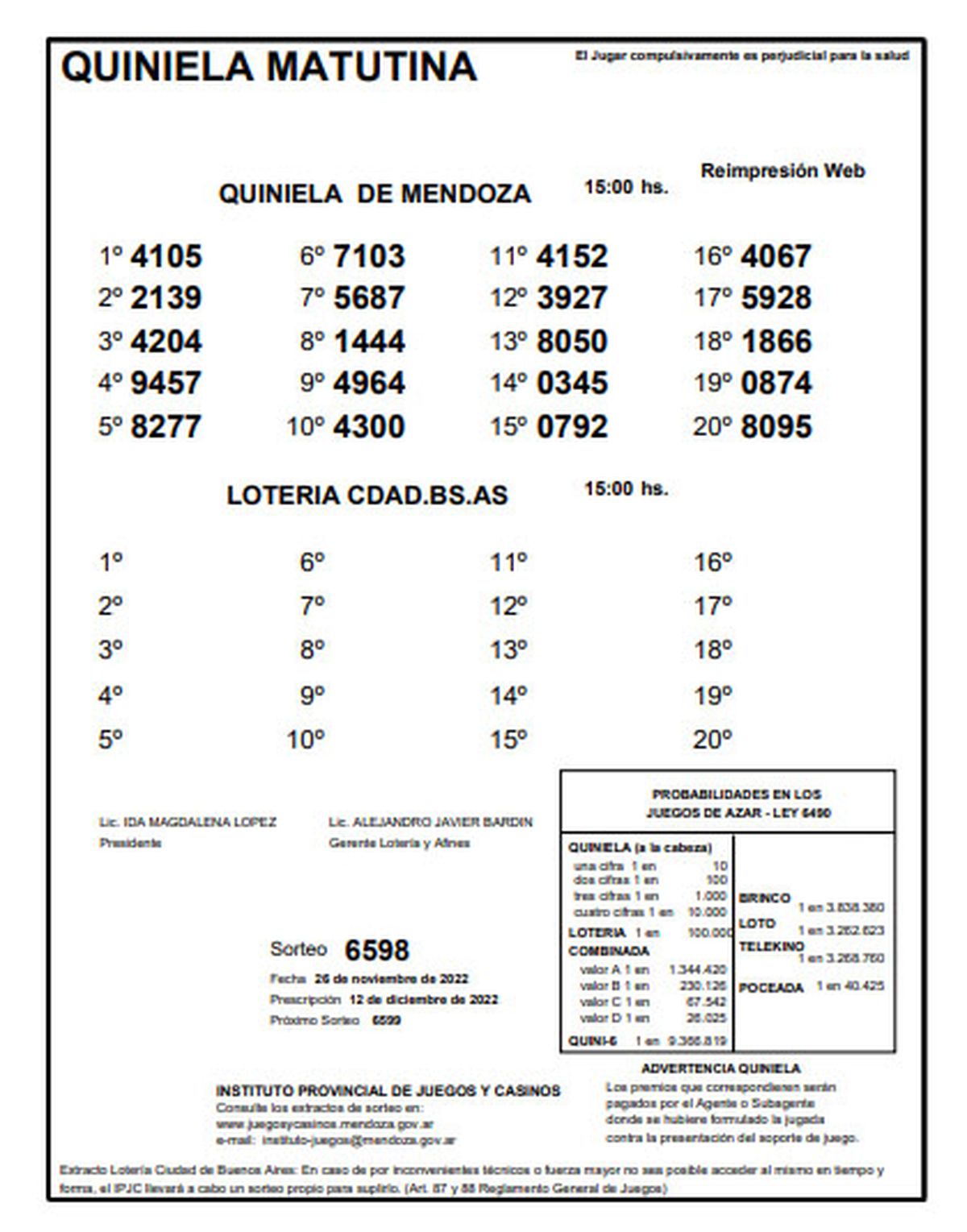 Quiniela de Mendoza. Sorteo de la Matutina de este sábdo 26 de noviembre.