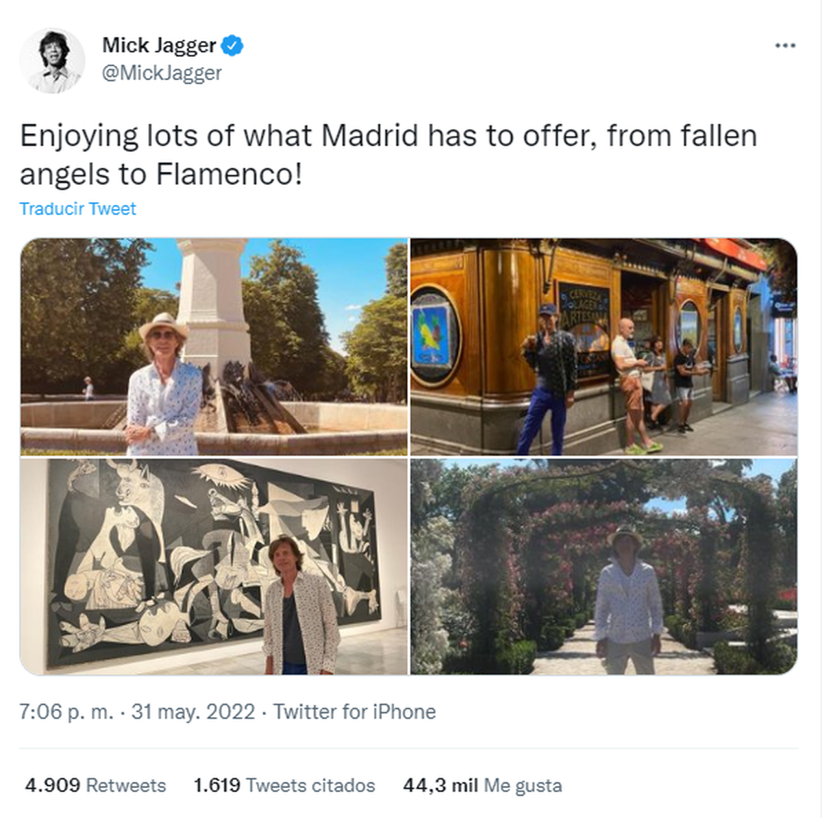 Mick Jagger comaprtió en sus redes sociales algunas de las postales que se tomó durante su estadía en España.