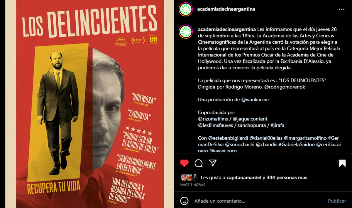 "Los delincuentes", la película elegida por la Academia de Cine de Argentina. "Los delincuentes", la película elegida por la Academia de Cine de Argentina. 