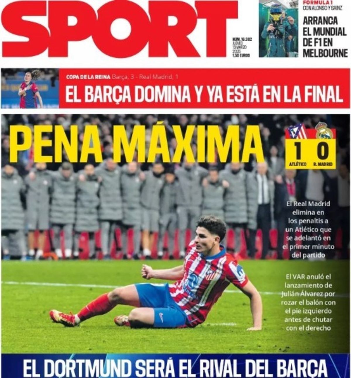 Con Julián Álvarez en la portada, Sport mencionó lo sucedido en la Champions League. Con Julián Álvarez en la portada, Sport mencionó lo sucedido en la Champions League.