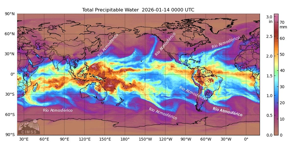 En la imagen se distinguen todos los ríos atmosféricos existentes en el planeta. En la imagen se distinguen todos los ríos atmosféricos existentes en el planeta.