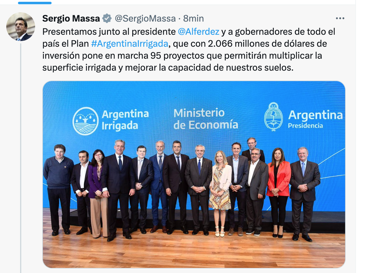 El ministro de Economía, Sergio Massa, anunció en Twitter el acuerdo del que participó Rodolfo Suarez y que beneficia a 20 provincias.