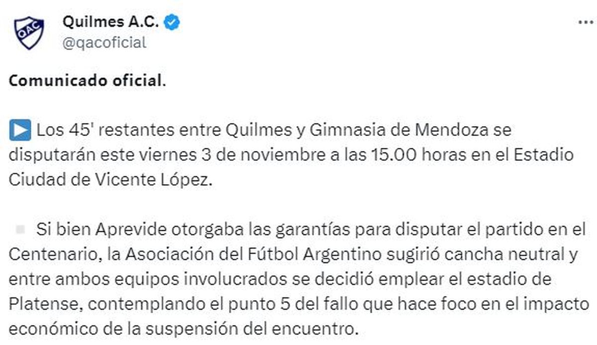El comunicado de Quilmes sobre el escenario del cotejo con el Lobo. El comunicado de Quilmes sobre el escenario del cotejo con el Lobo.