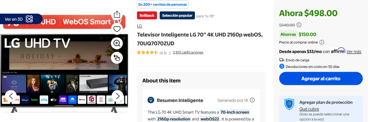 Televisor LG de oferta en Walmart. Televisor LG de oferta en Walmart.