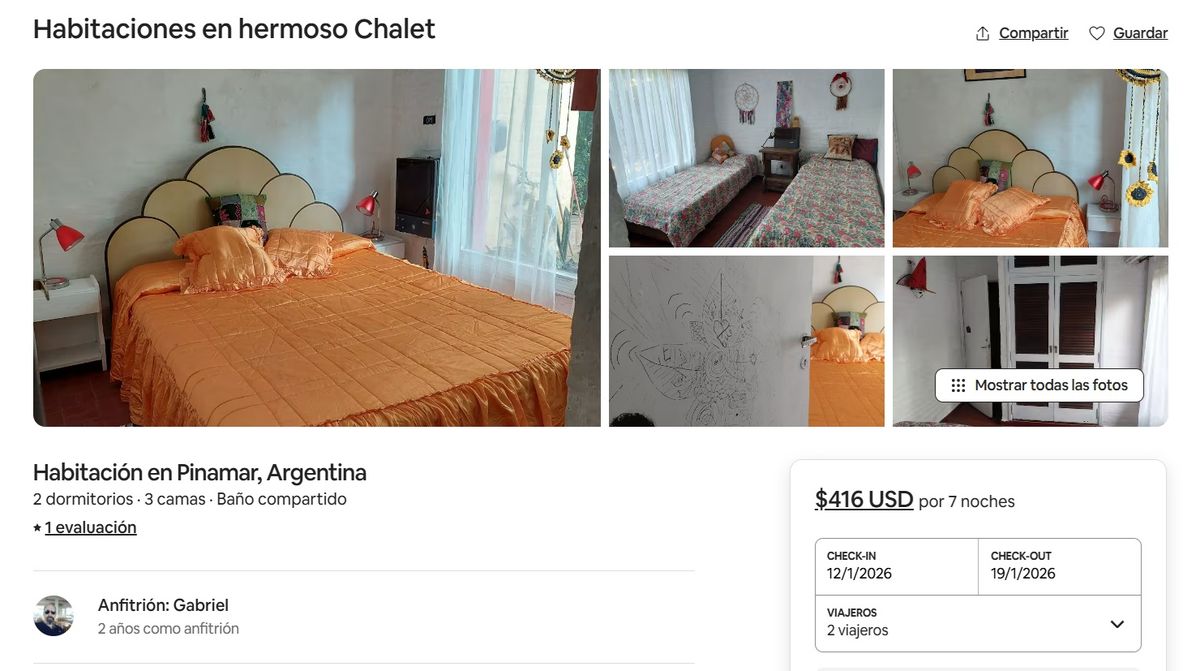 Alquilar una habitación para dos personas con baño compartido cuesta USD$416 por siete noches. Imagen: Airbnb.