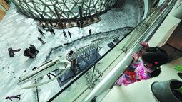 Una niña mira desde una galería superior el esqueleto de ballena de 24 metros de largo expuesto en el patio central del subsuelo del Museo de Historia Natural de Shanghai. GAO ERQIANG / CHINA DAILY