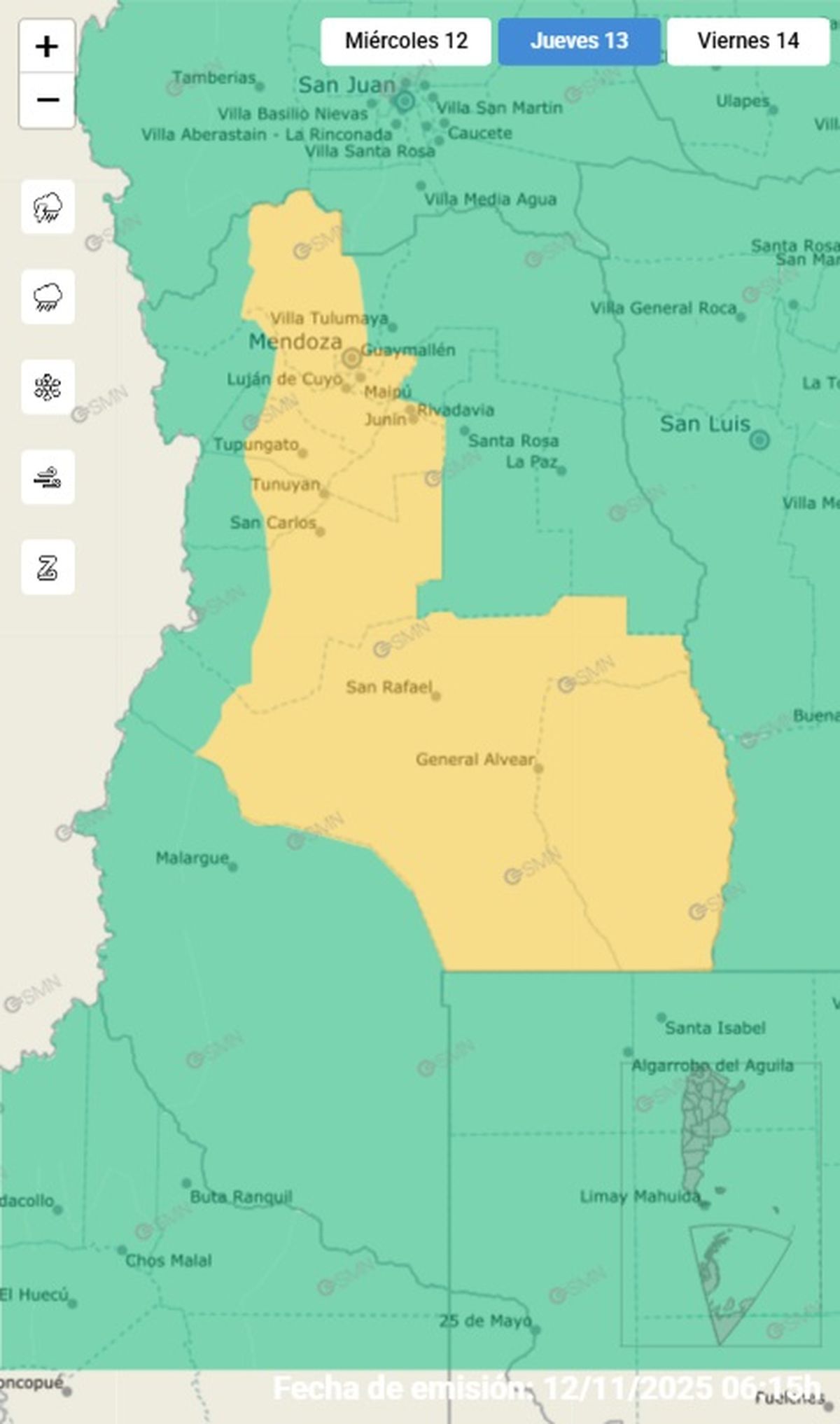 Estos son los departamentos afectados este jueves.