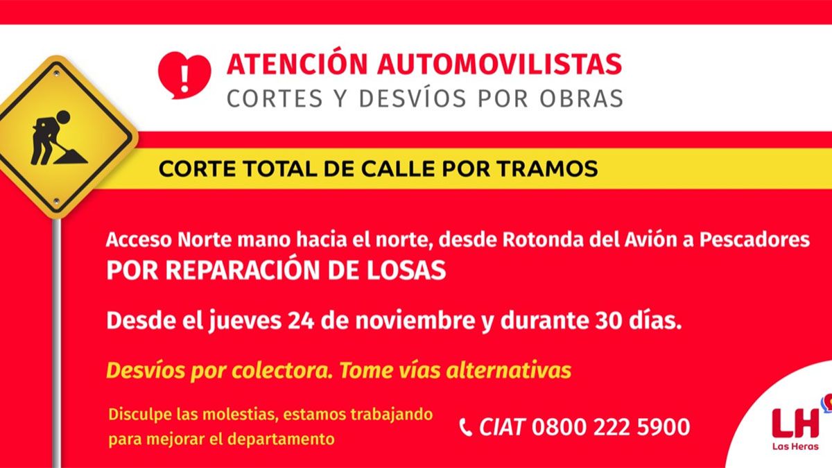 Las Heras anunció el pasado jueves el inicio de los cortes en el Acceso Norte. Los mismos aún no están operativos y comenzarán en los próximos días, afirmaron desde Vialidad Nacional.