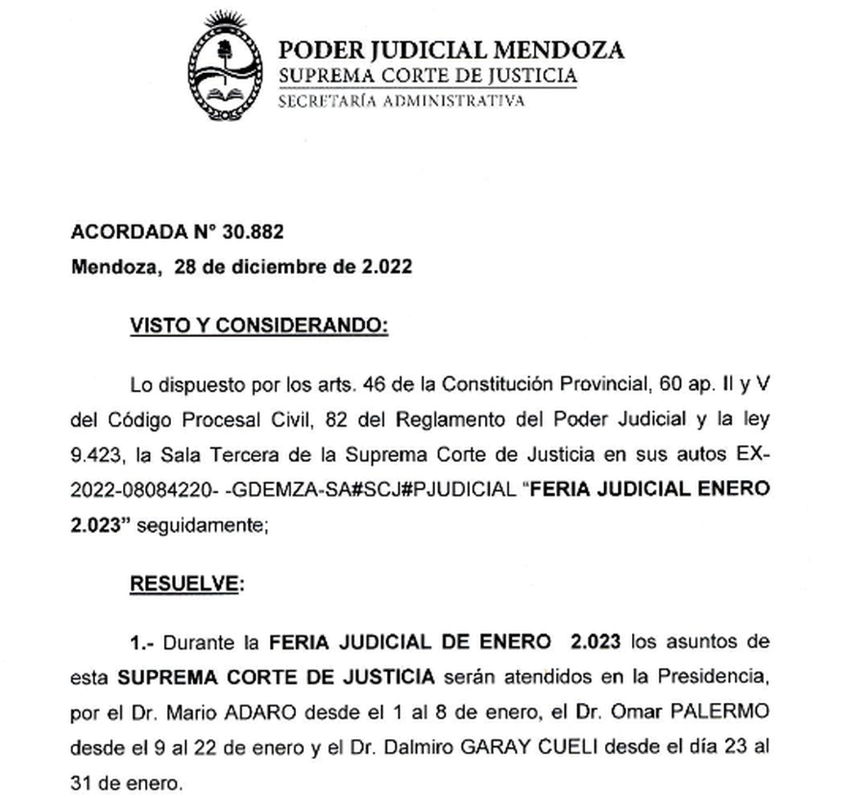 Parte de la acordada que determina las funciones y las vacaciones del Poder Judicial durante enero de 2023.