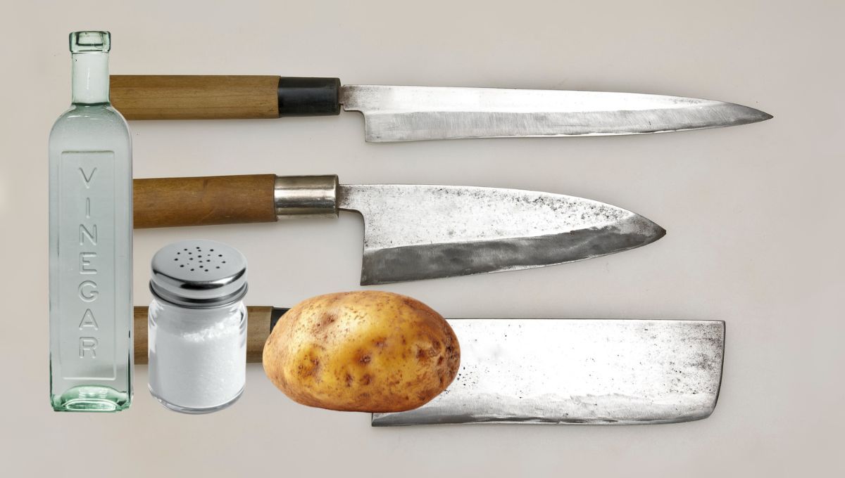 Con vinagre, un poco de sal y media papa puedes devolverle el brillo y filo a tus cuchillos.&nbsp;