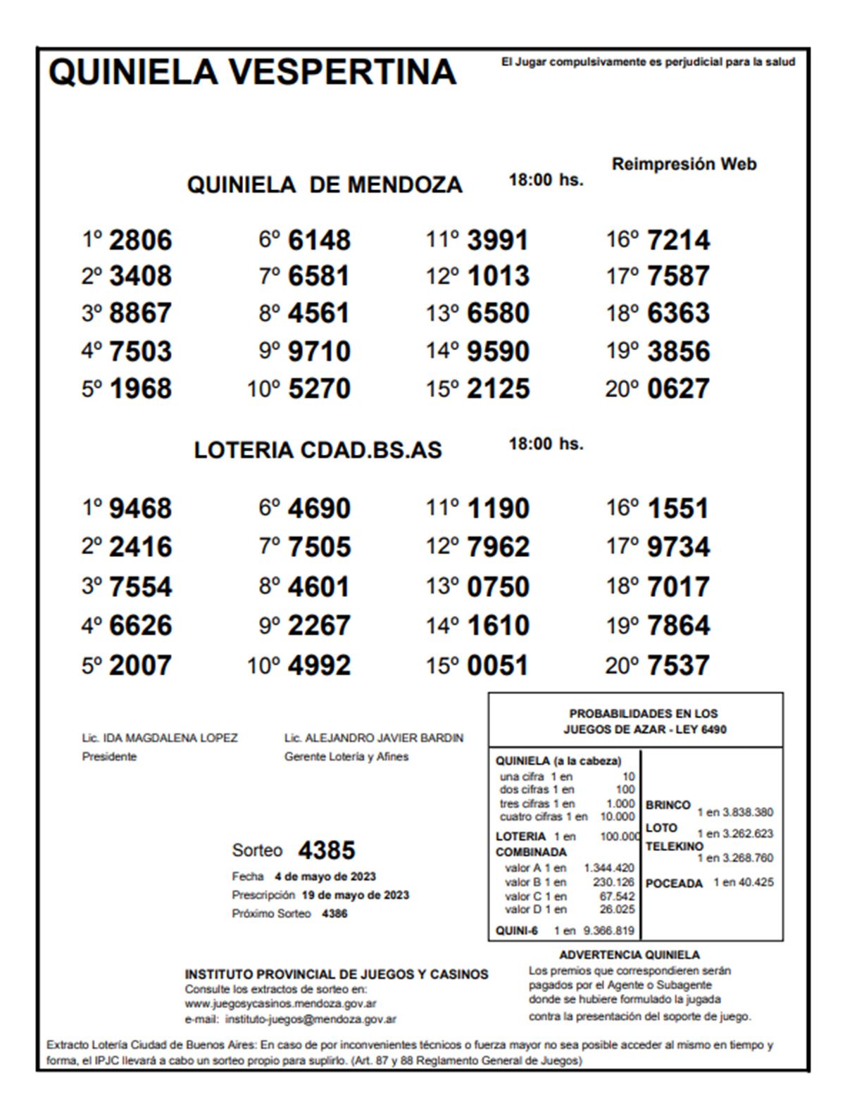 Quiniela de Menoza. La Vespetina de este jueves 4 de mayo.