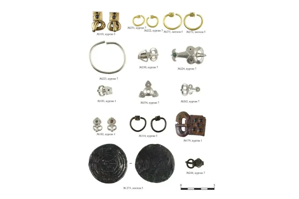 Indumentaria y joyería de complejos funerarios del siglo VI d. C. en Mayrtup. Fuente: Instituto de Arqueología de la Academia Rusa de Ciencias (RAS) Indumentaria y joyería de complejos funerarios del siglo VI d. C. en Mayrtup. Fuente: Instituto de Arqueología de la Academia Rusa de Ciencias (RAS)