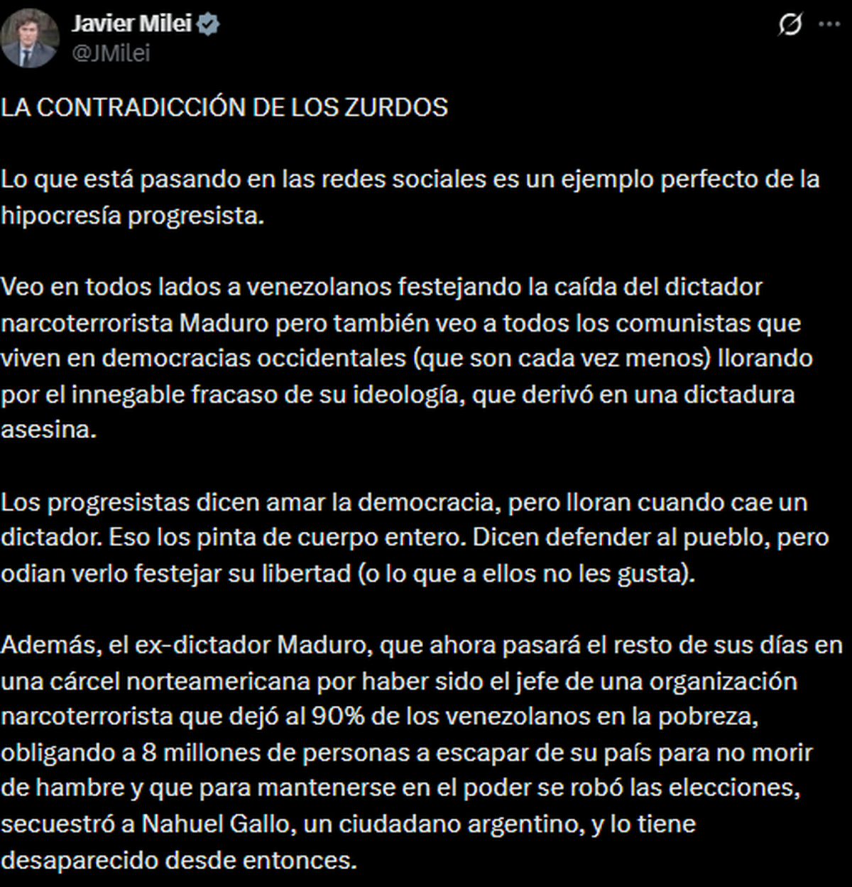 La reflexión de Javier Milei sobre la reacción de la izquierda ante la detención de Nicolás Maduro.
