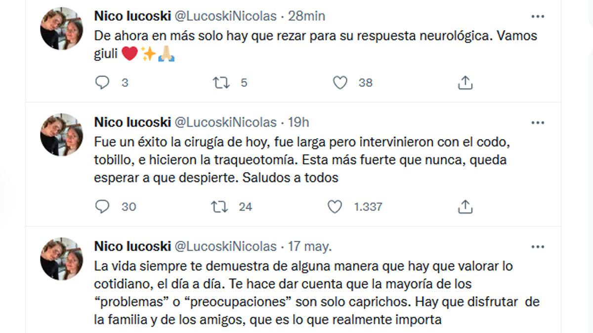 Los últimos posteos en Twitter de Nicolás, hermano de Giuliana Lucoski.