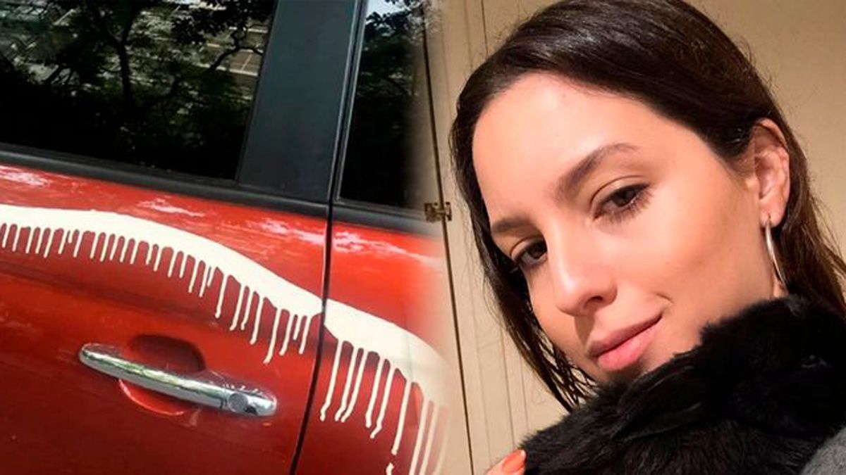 Clara Darín y su auto manchado.