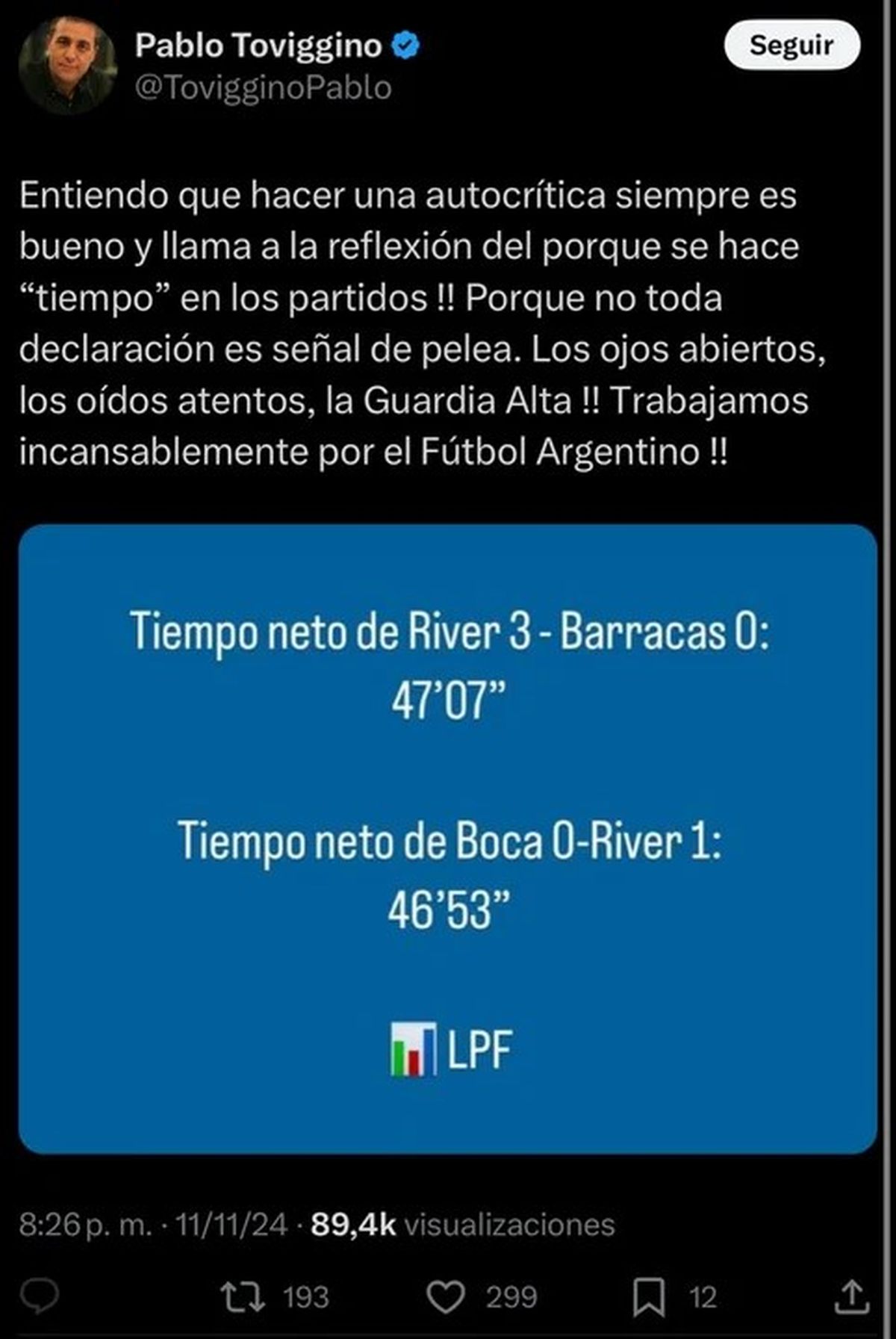 El posteo de Toviggino contestándole a Marcelo Gallardo. El posteo de Toviggino contestándole a Marcelo Gallardo.