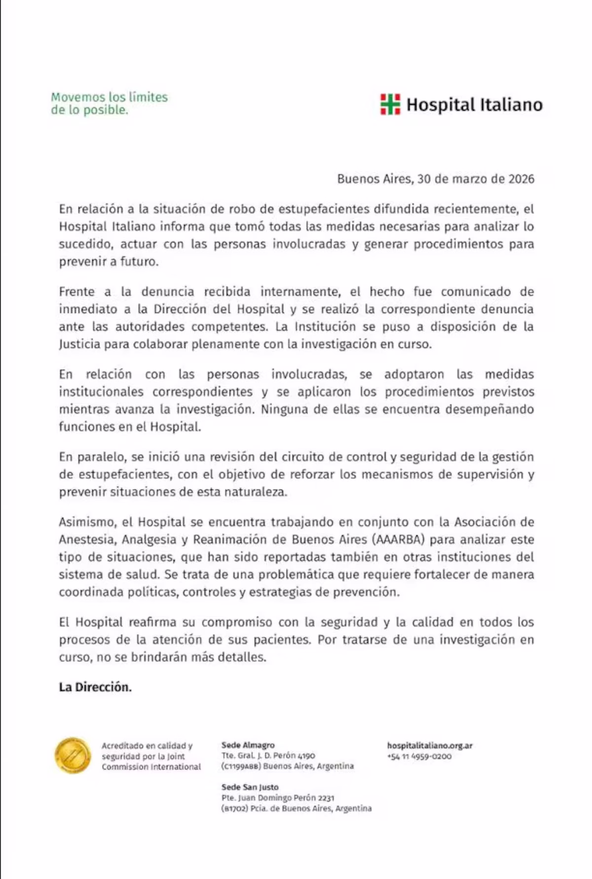 Comunicado oficial del Hospital Italiano. Comunicado oficial del Hospital Italiano.