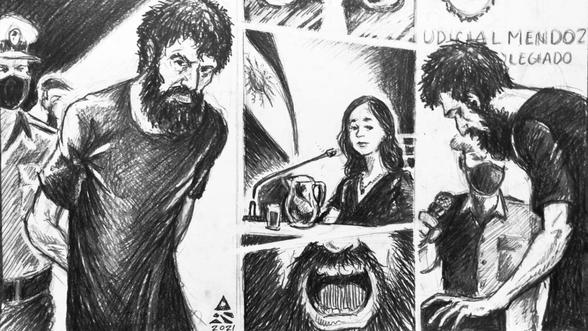 Gil Pereg en el juicio que lo condenó a perpetua en 2021, según el artista Damián Pérez Santos con la técnica de Court Sketch. Gil Pereg en el juicio que lo condenó a perpetua en 2021, según el artista Damián Pérez Santos con la técnica de Court Sketch.