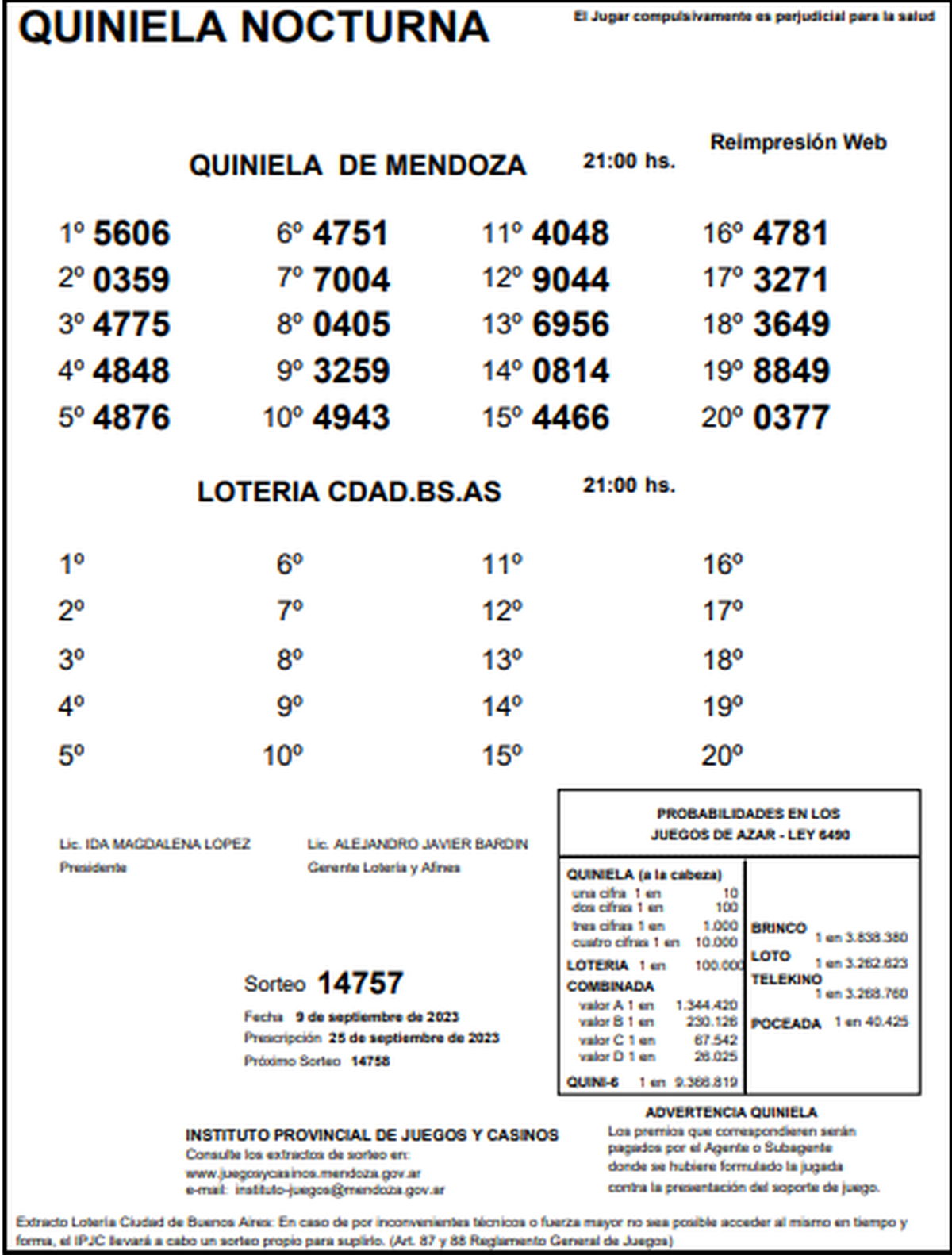 La quiniela • Sorteo Nacional 【2023】