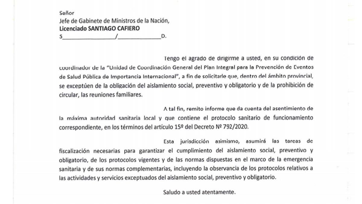 La nota en la que Rodolfo Suarez pide que permitan las reuniones familiares en Mendoza