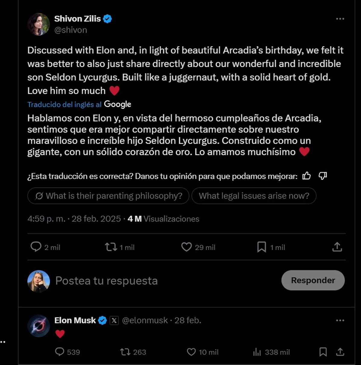 Shivon Zilis y Elon Musk le dieron la bienvenida a su cuarto hijo juntos. Para Musk es su decimocuarto. Shivon Zilis y Elon Musk le dieron la bienvenida a su cuarto hijo juntos. Para Musk es su decimocuarto.