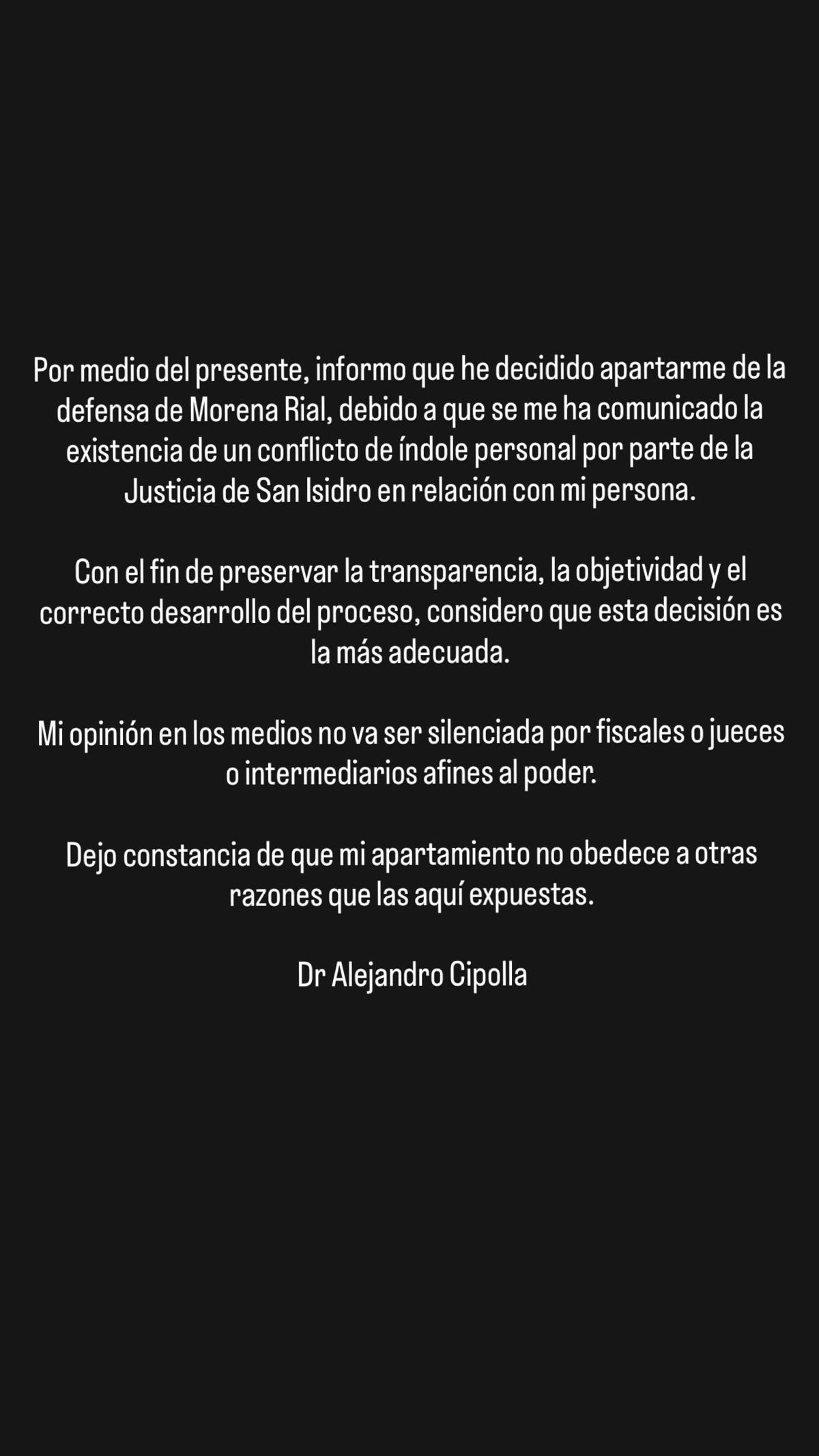 Alejandro Cipolla renunci&oacute; a la defensa de Morena Rial.
