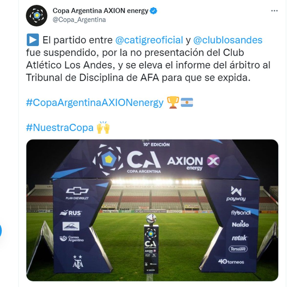 La organización de la Copa Argentina anunció en sus redes sociales la suspensión de Los Andes vs. Tigre