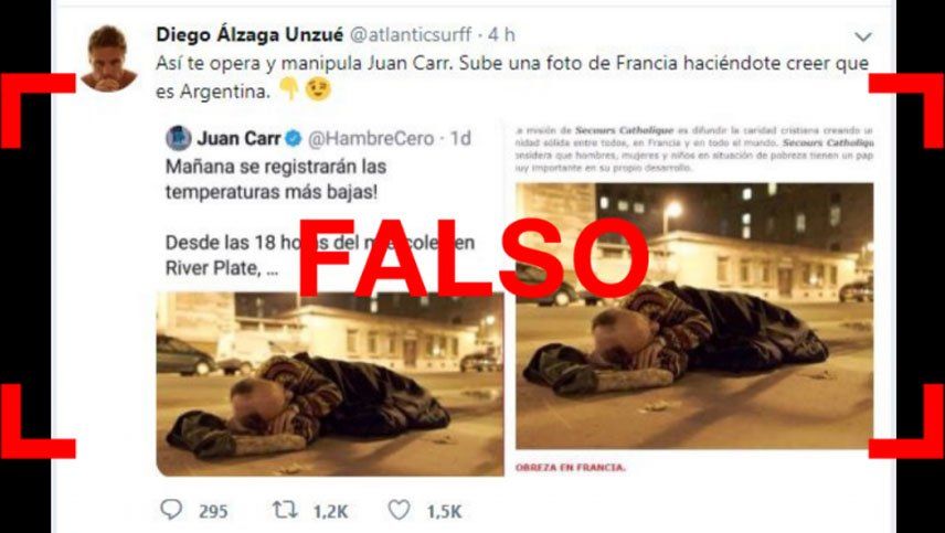 Es falso que Juan Carr mostró una foto de un indigente y afirmó que era en la Argentina