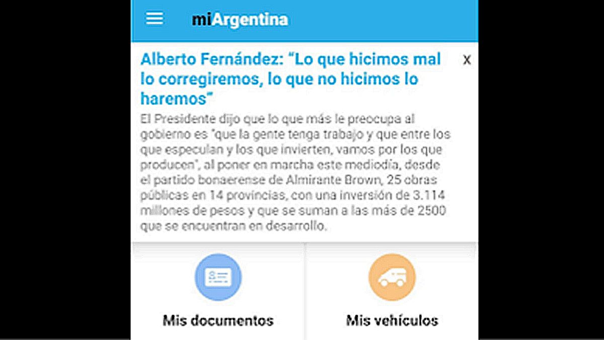 Mensaje con publicidad electoral que apareció en la aplicación Mi Argentina, tras el discurso del Presidente.