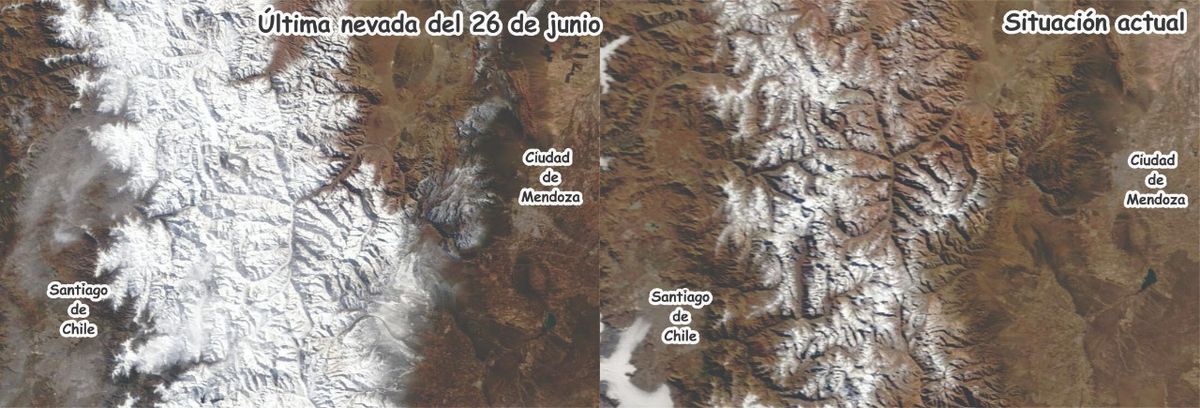 Imagen satelital de la Cordillera de Mendoza y Santiago. La última nevada se registró hace 47 días.