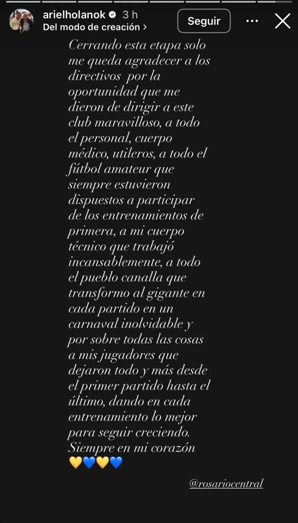 El posteo del DT tras su salida de Rosario Central.