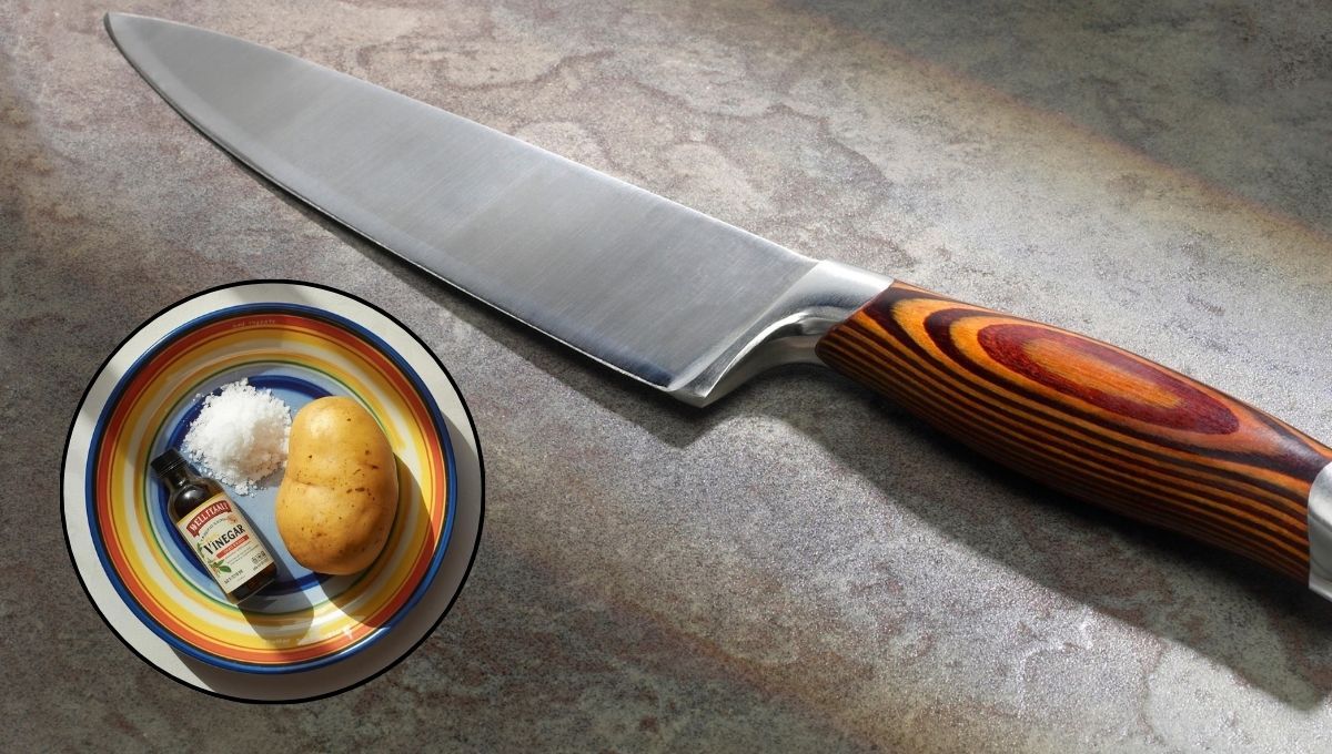 Cómo afilar y limpiar un cuchillo: usando vinagre, sal y una papa cortada
