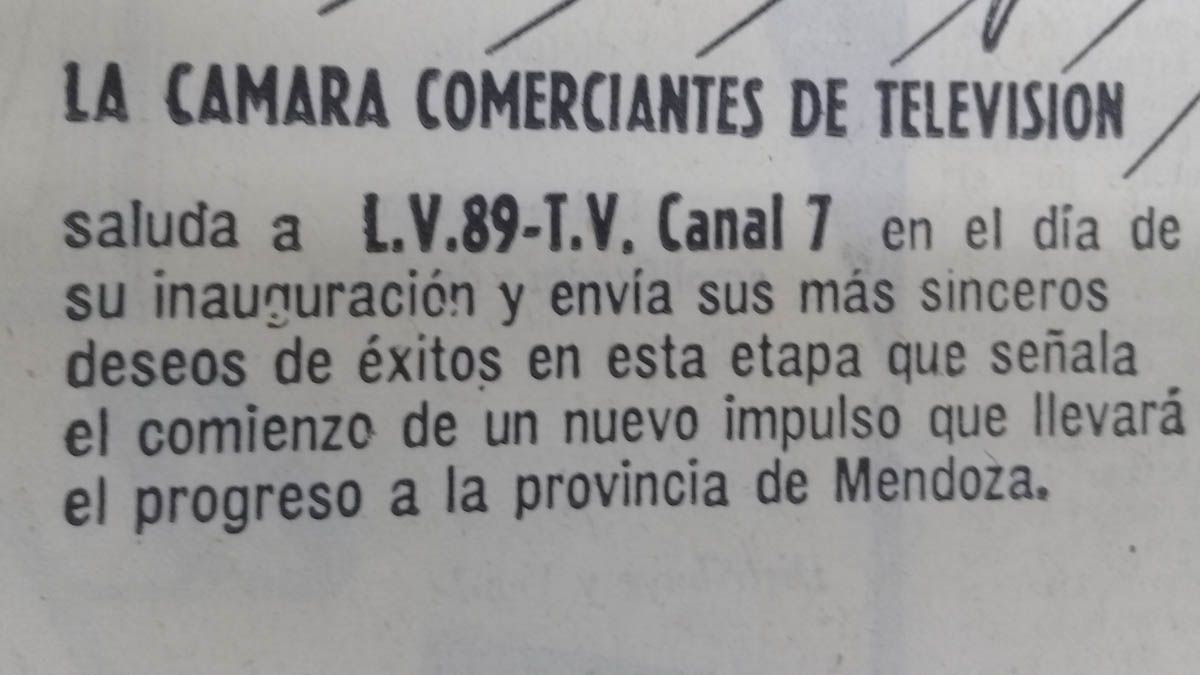 Publicación en Diario Los Andes de la Cámara Comerciantes de Televisión , felicitando a Canal 7 por su inauguración.