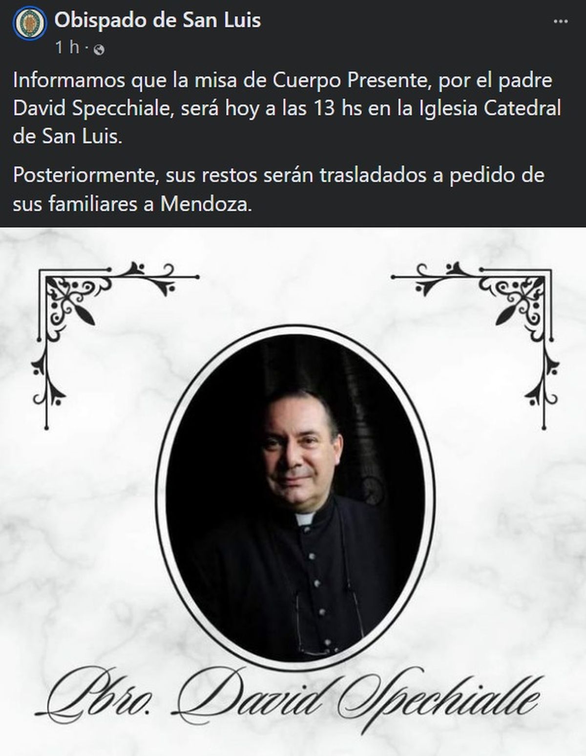La publicación en la que se anunció la misa en homenaje al sacerdote que falleció en un accidente vial. La publicación en la que se anunció la misa en homenaje al sacerdote que falleció en un accidente vial.