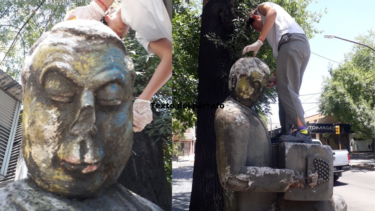 Parte del equipo de Restauro de la Municipalidad de Capital mientras realizaba la puesta en valor de la escultura del Troilo de la Cuarta Sección