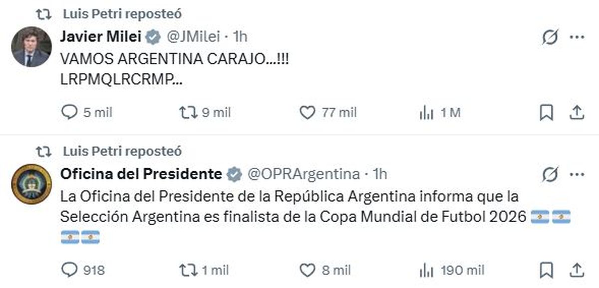 El ministro de Defensa, Luis Petri, republicó los posteos de Javier Milei en X.