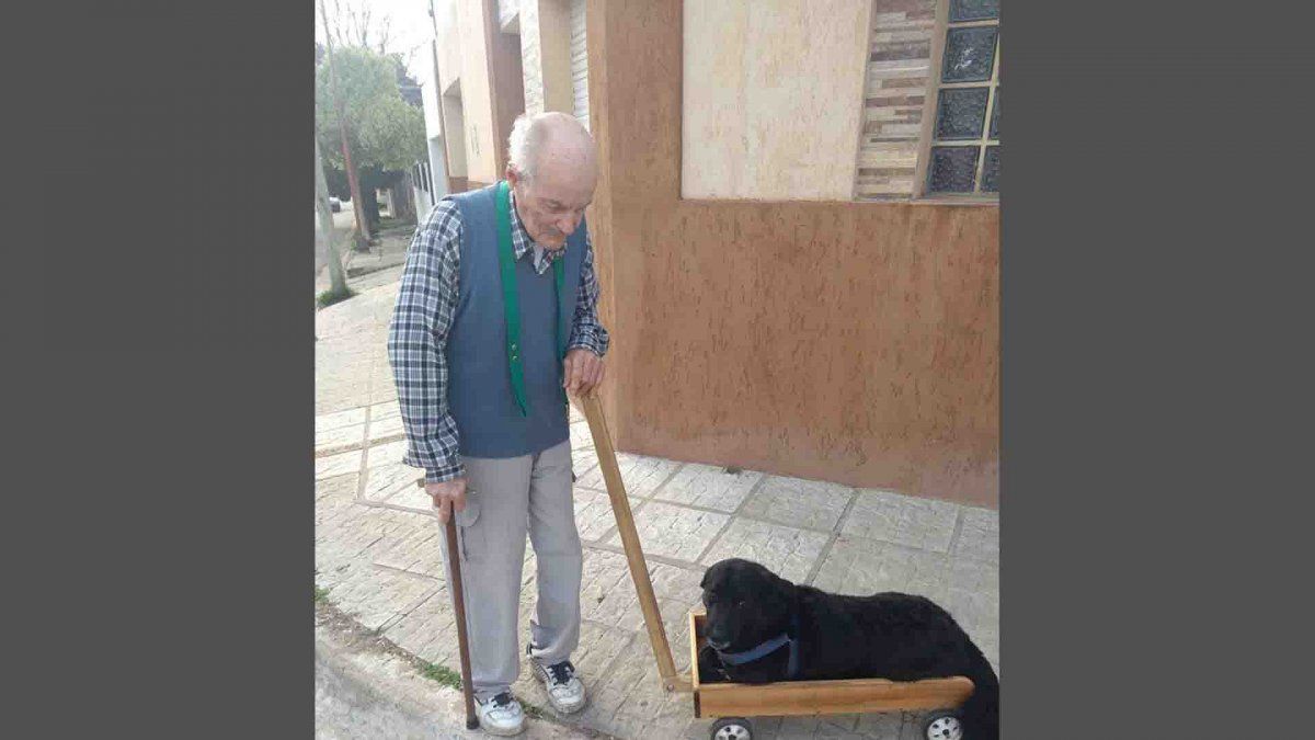 Un abuelo le fabricó un carrito a su perro que no puede caminar