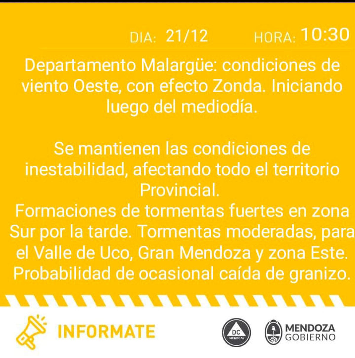 Defensa Civil emitió este miércoles una alerta amarilla para gran parte de Mendoza.