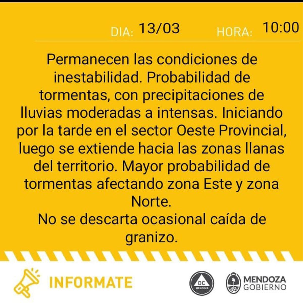 Defensa Civil emiti&oacute; este lunes 13 de marzo una nueva alerta amarilla para la provincia de Mendoza.