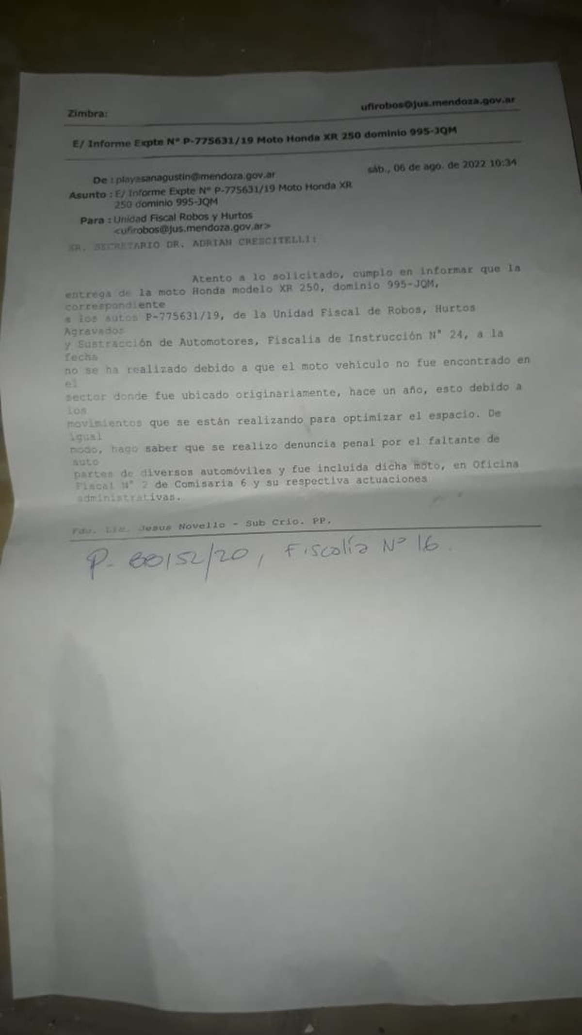 La playa San Agustín le informó a Robos y Hurtos que la moto de Casas no estaba en el sector donde fue dejada un año antes.