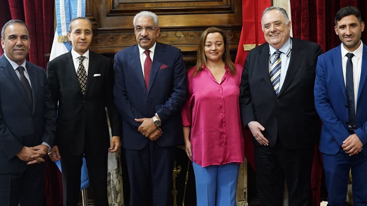 Mohamed Sabbari y la presidenta de Diputados, Cecilia Moreau, junto a los demás participantes de la reunión.