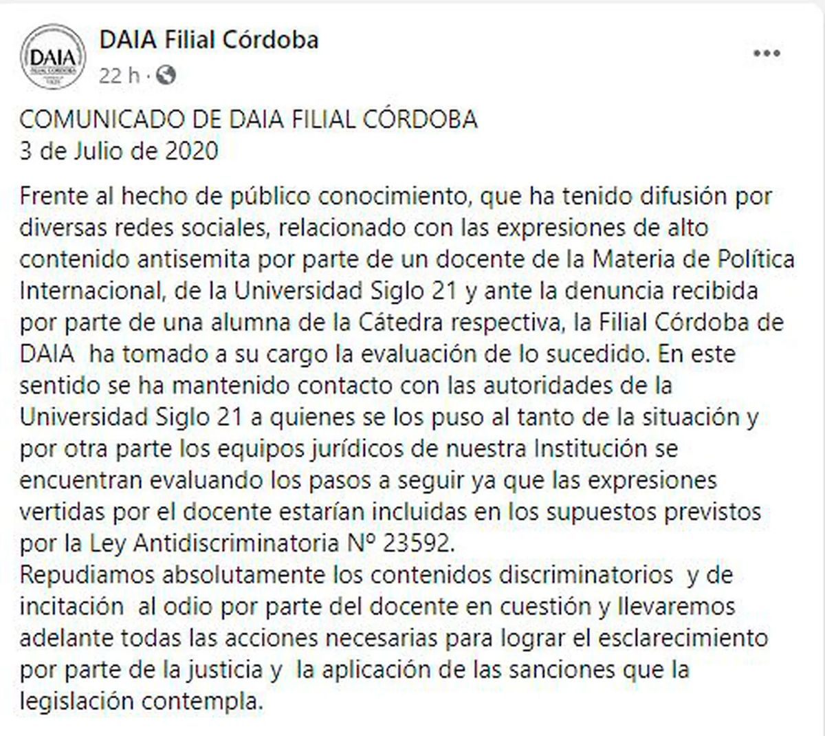 La DAIA –una de las entidades que representa a la comunidad judía en la Argentina- formuló la denuncia penal.