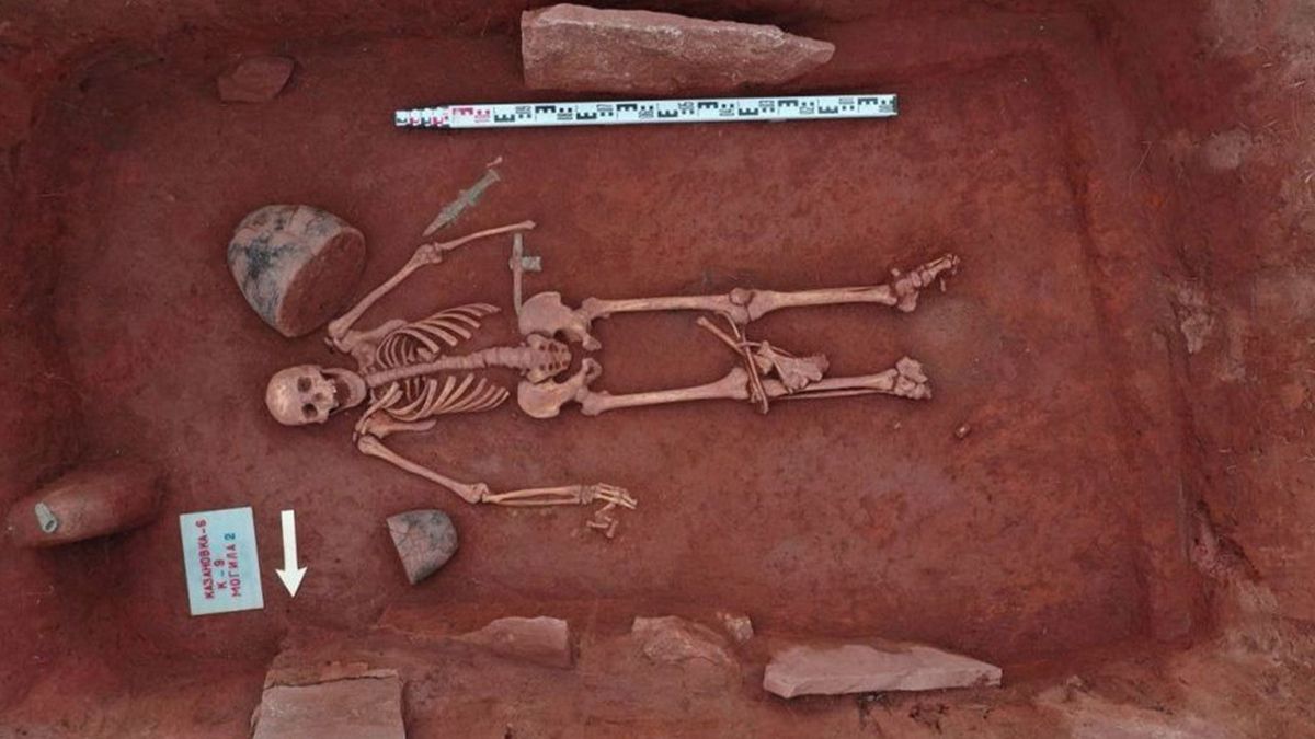 Uno de los esqueletos hallados en la tumba de un cementerio escita de mas de 2.500 años de antigüedad