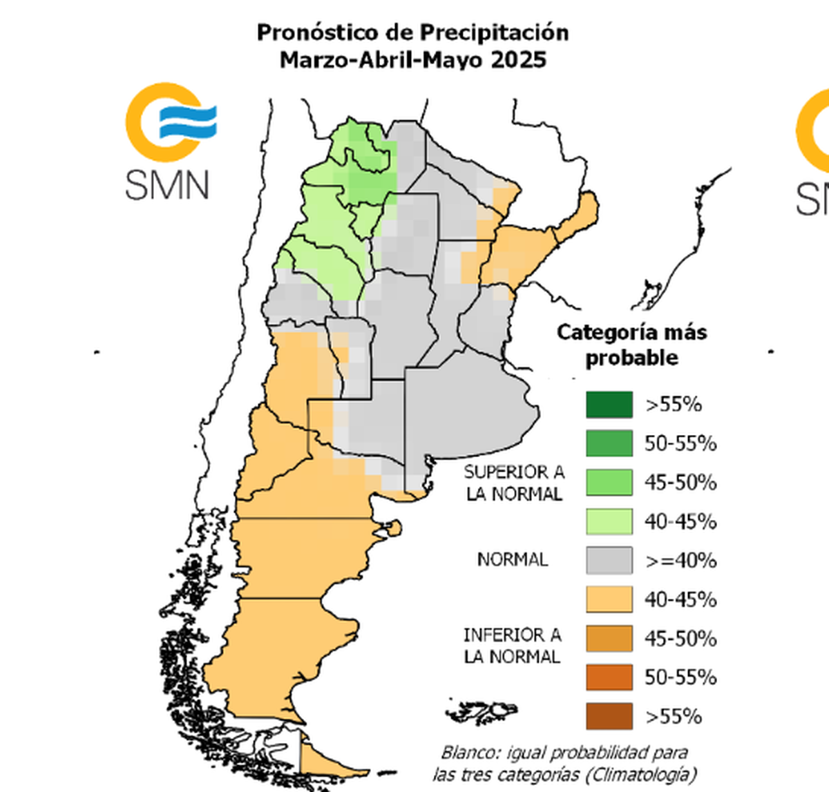 Mapa del pronóstico de precipitaciones para este 2025, según el informe del SMN. Mapa del pronóstico de precipitaciones para este 2025, según el informe del SMN.