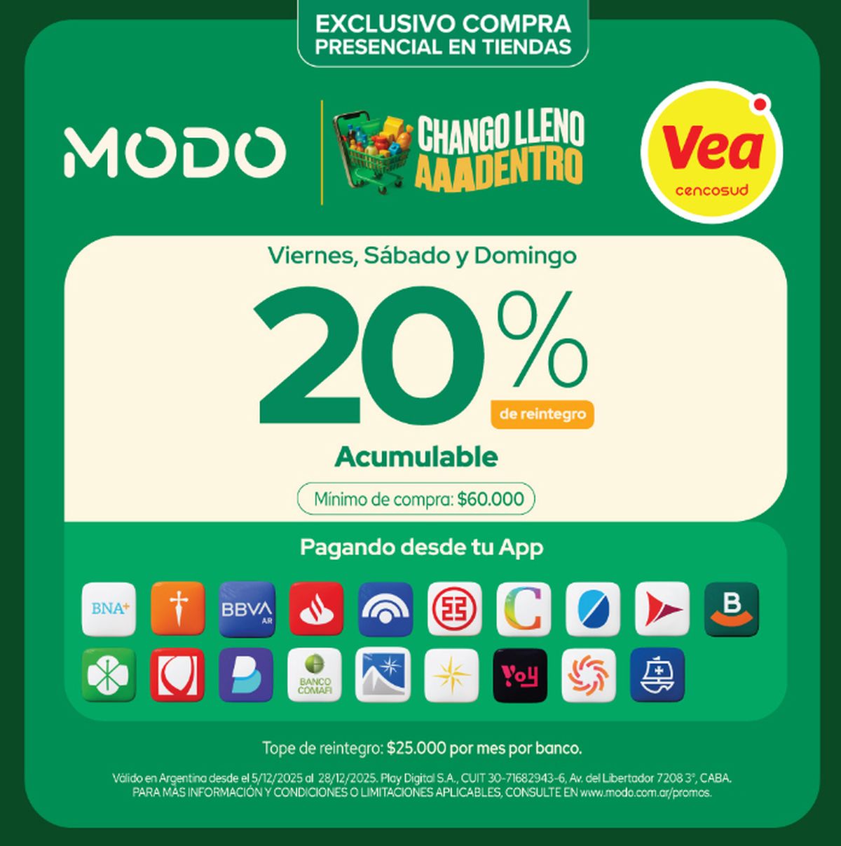 Promo de VEA supermercados y los bancos adheridos a la billetera MODO.